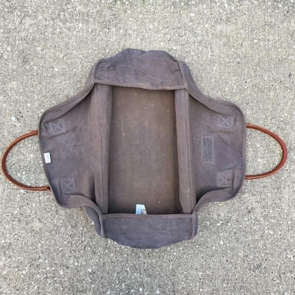 L.L.Bean Waxed Canvas Log Carrier Firewood Tote Leather Handles Brown Wood Carry